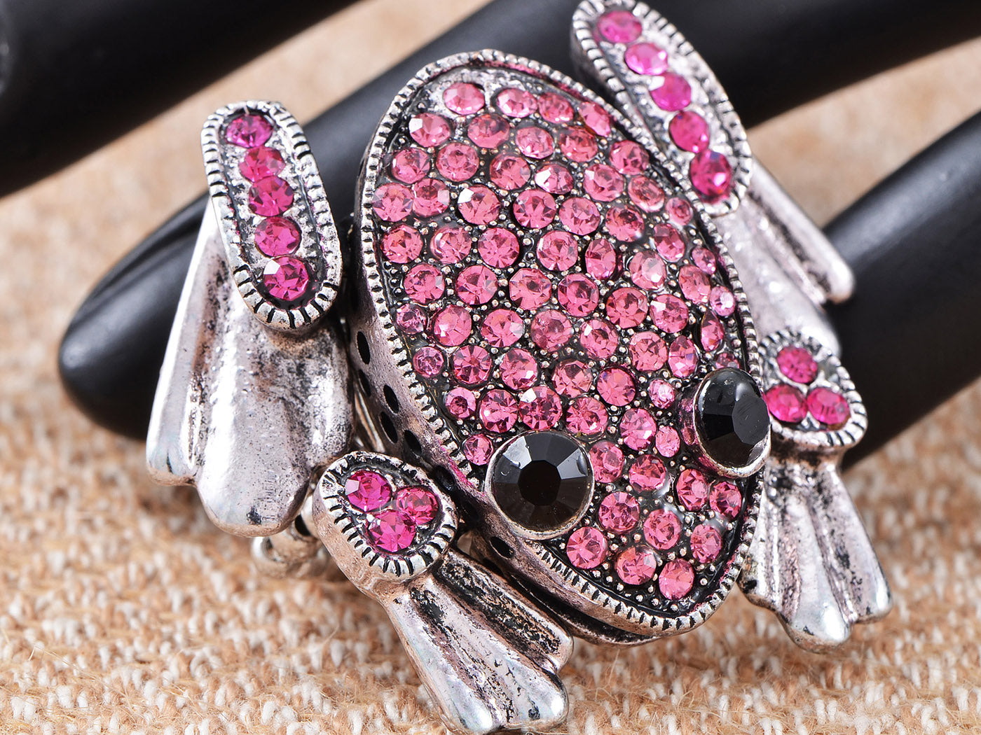 Silver Fuchsia Pink Funny Cartoon Leaping Frog Toad Ring