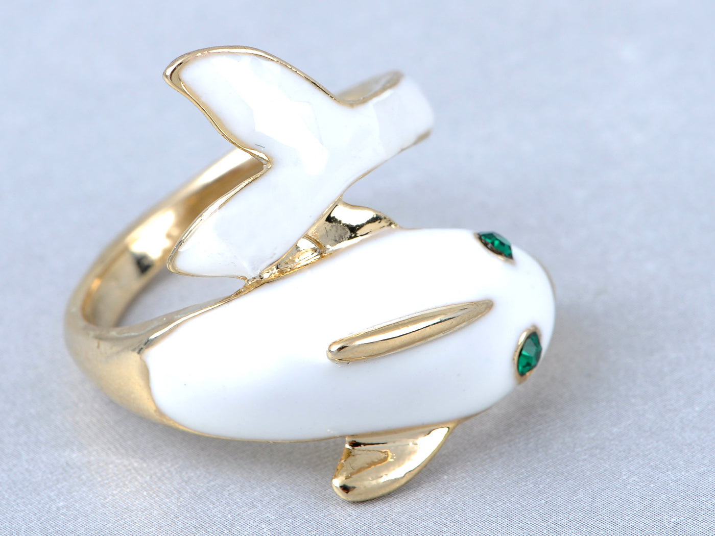 Enamel Painted Wrapped Cartoon White Dolphin Emerald Eye Ring