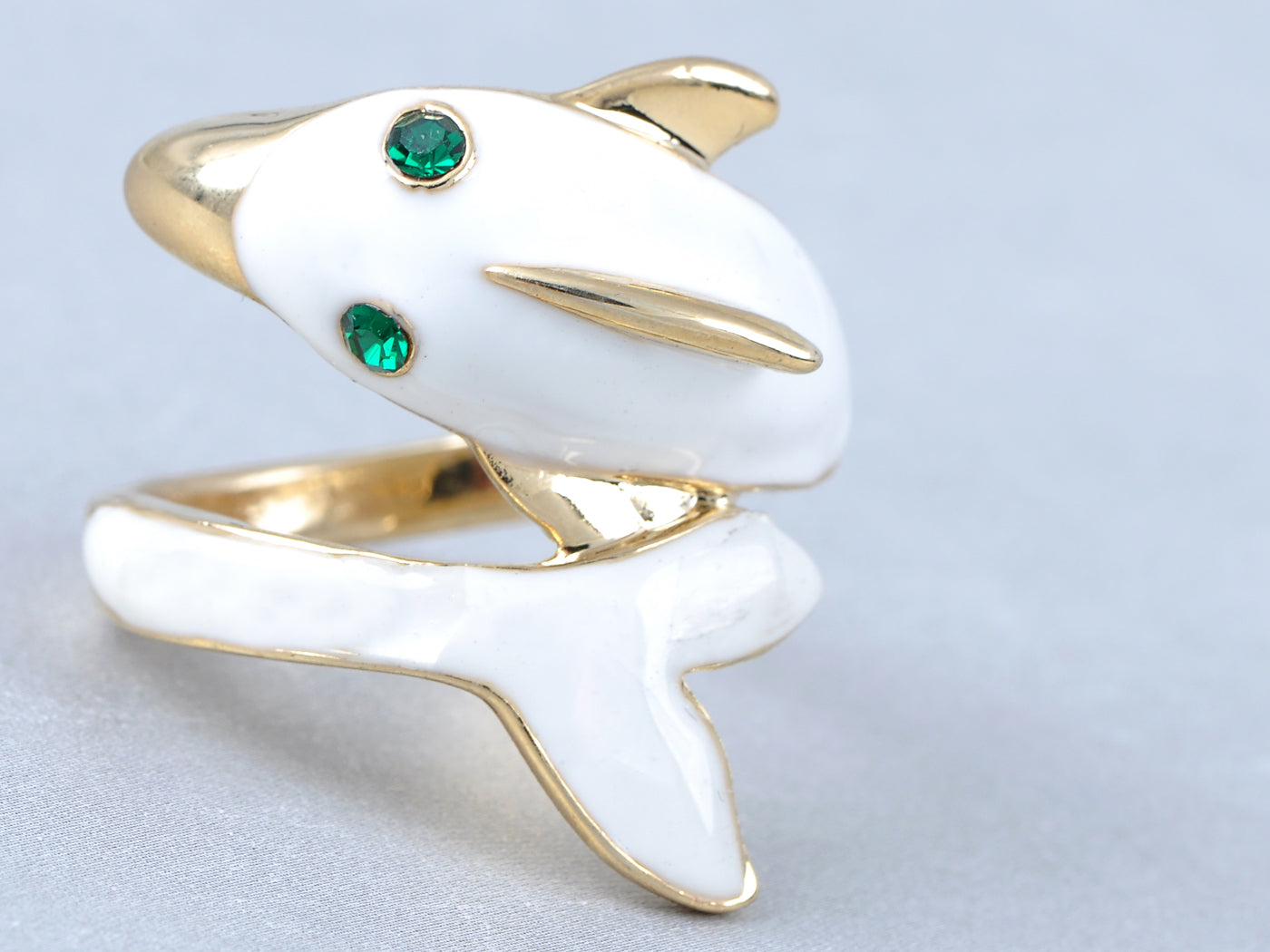 Enamel Painted Wrapped Cartoon White Dolphin Emerald Eye Ring