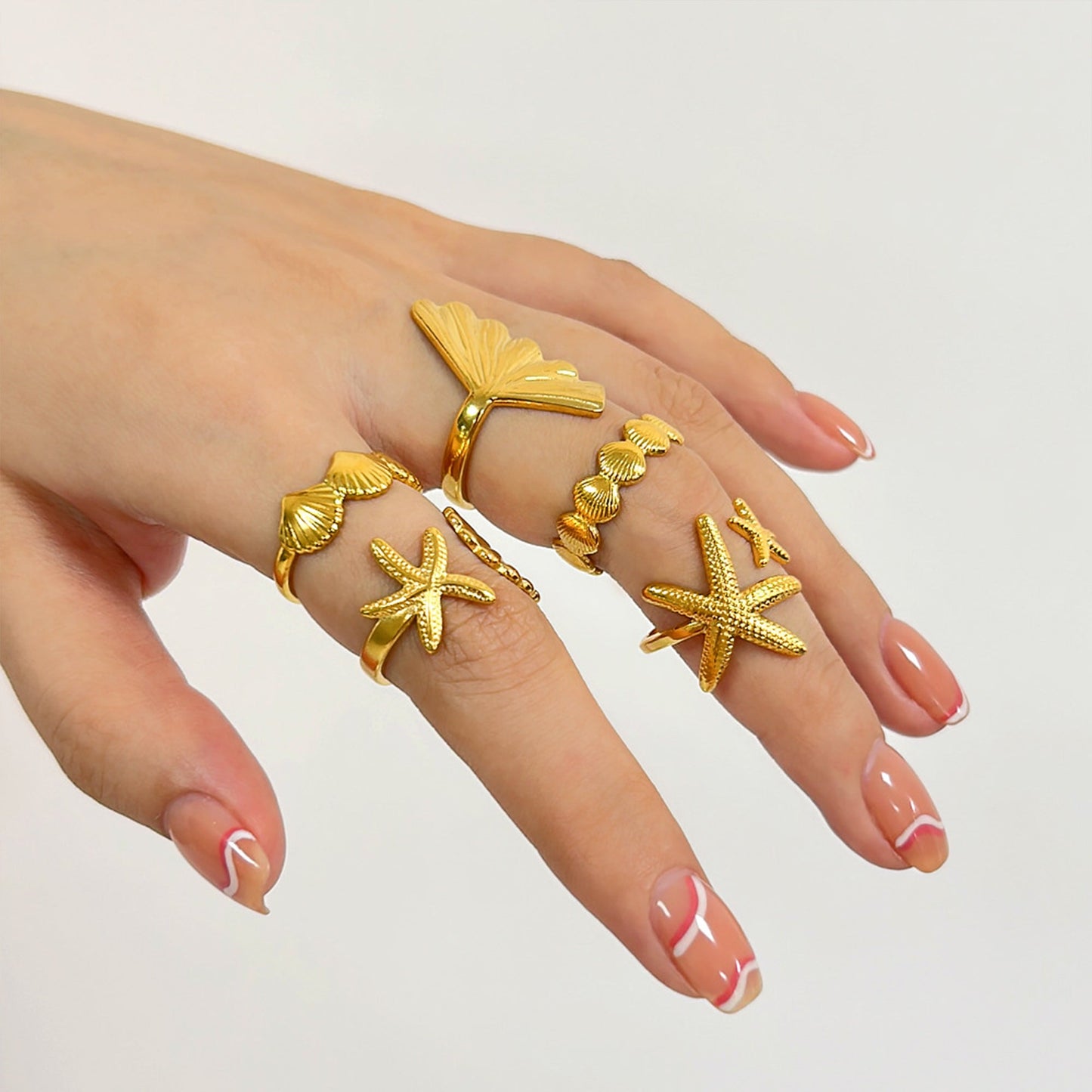 Bohemian Gold Shell Starfish Adjustable Rings for Women ummer Ocean Punk Jewelry