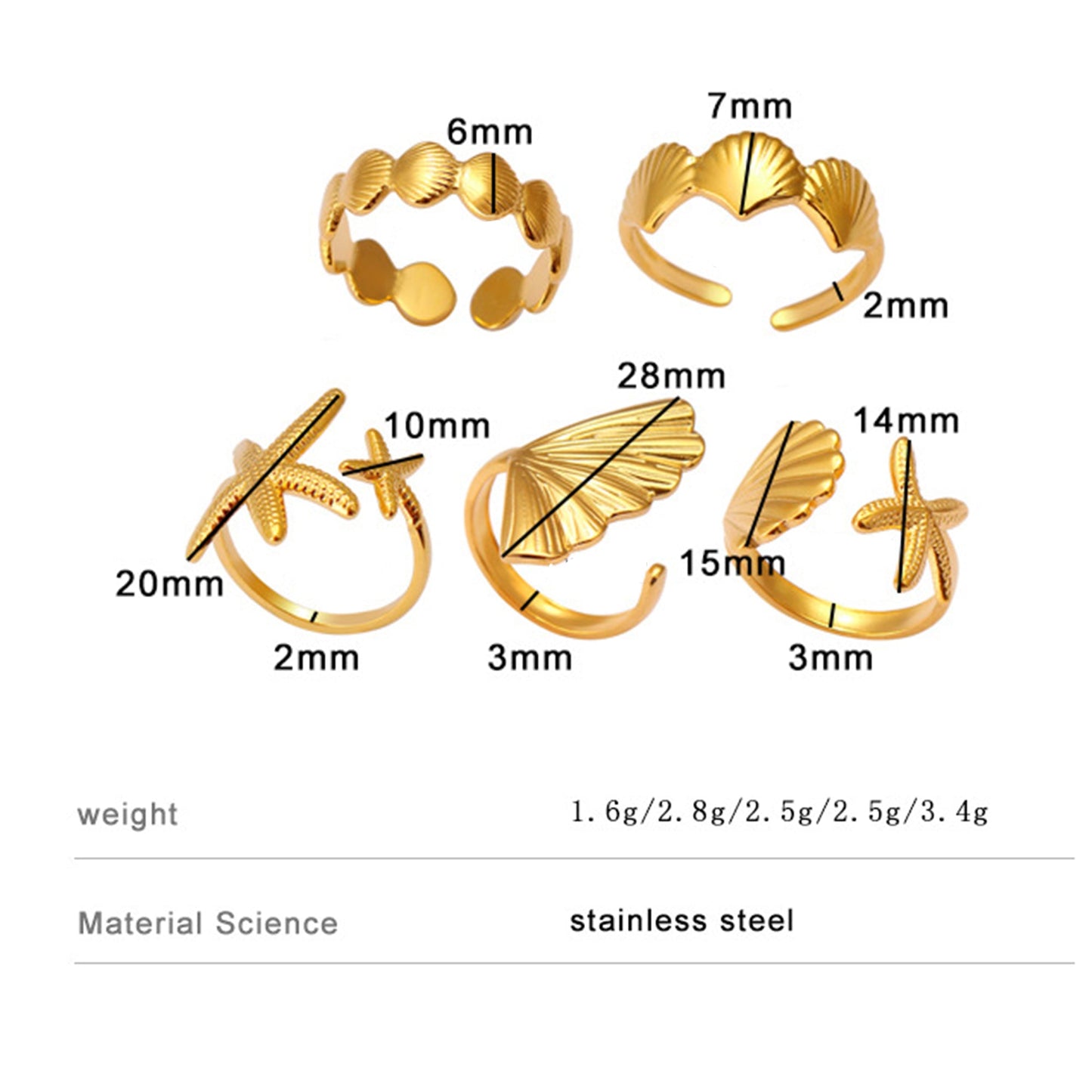 Bohemian Gold Shell Starfish Adjustable Rings for Women ummer Ocean Punk Jewelry