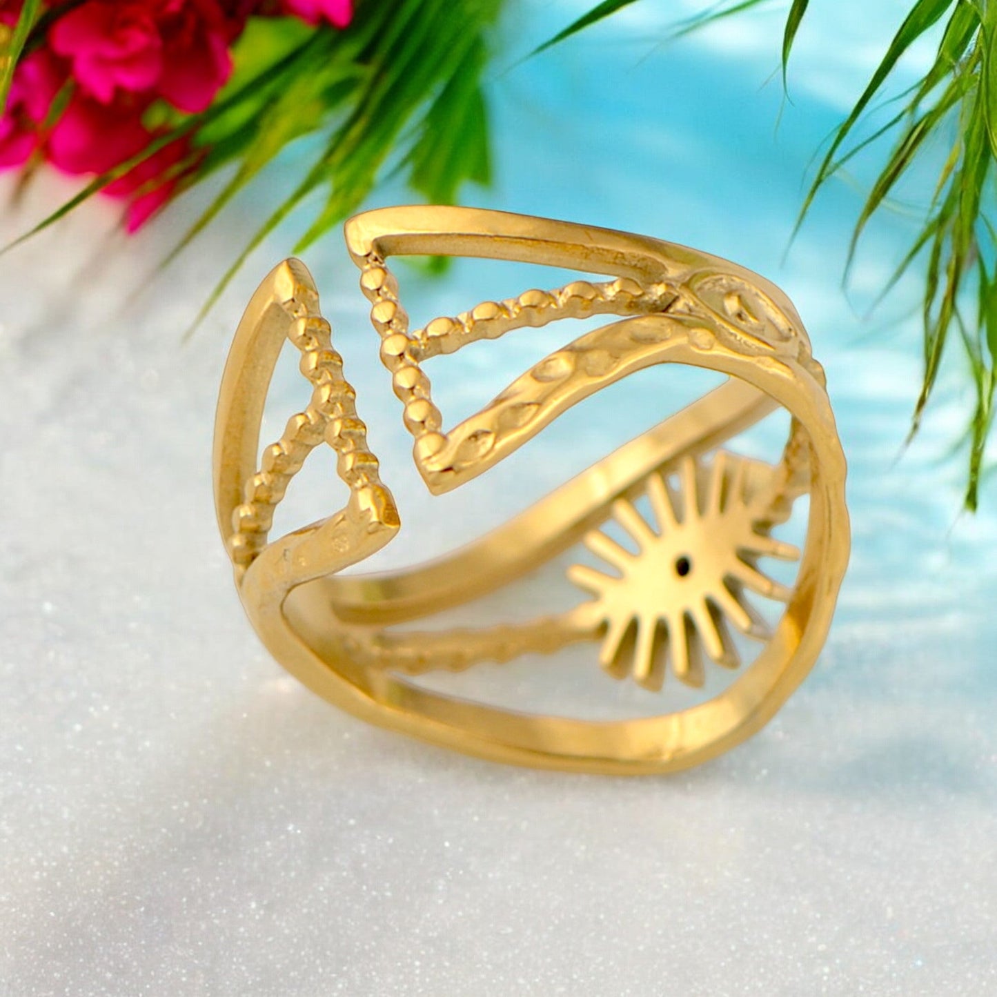 Palace Style Adjustable Chunky 18K Gold Open Ring Plated Hammered Dome Statement Jewelry