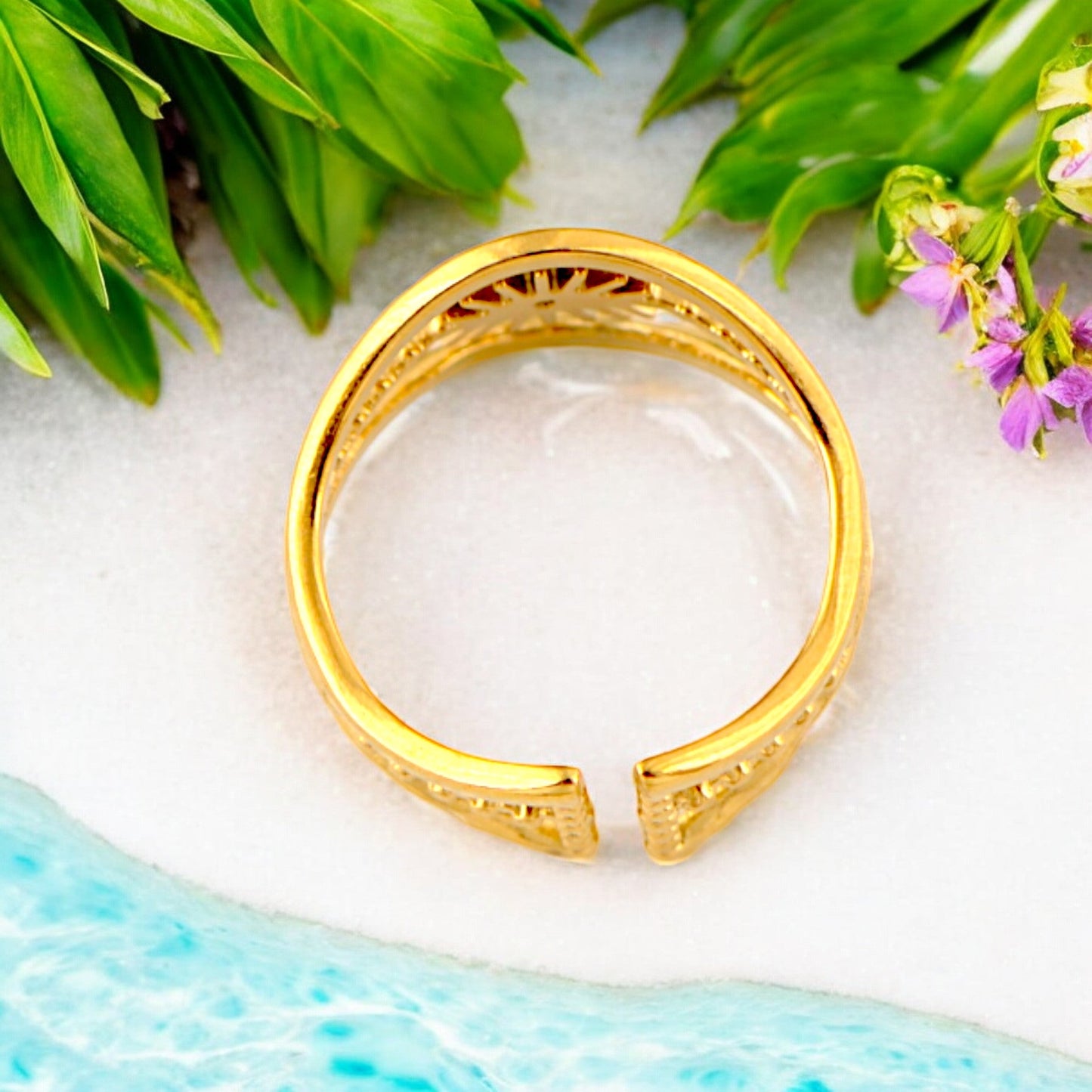 Palace Style Adjustable Chunky 18K Gold Open Ring Plated Hammered Dome Statement Jewelry