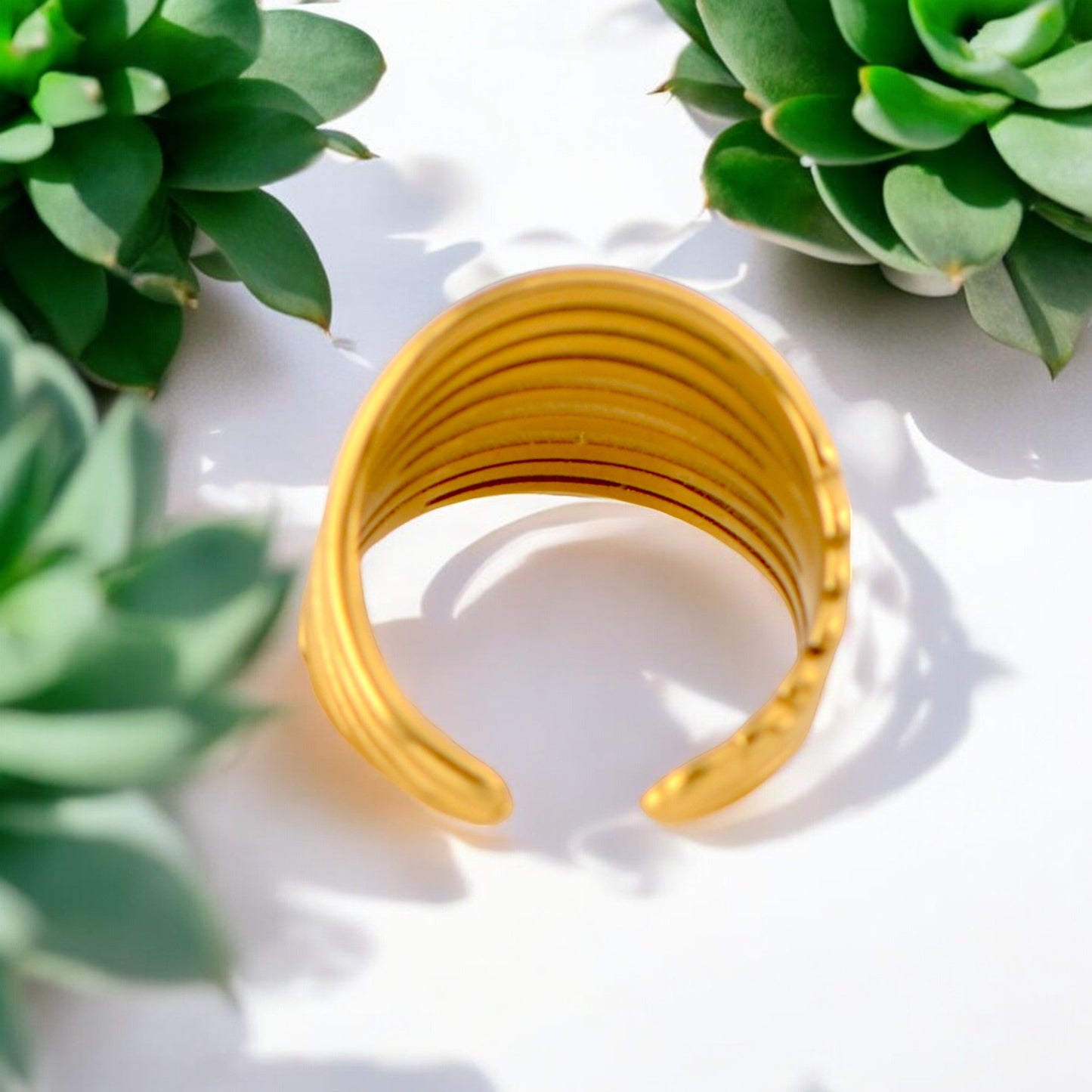 Palace Style Adjustable Chunky 18K Gold Open Ring Plated Hammered Dome Statement Jewelry