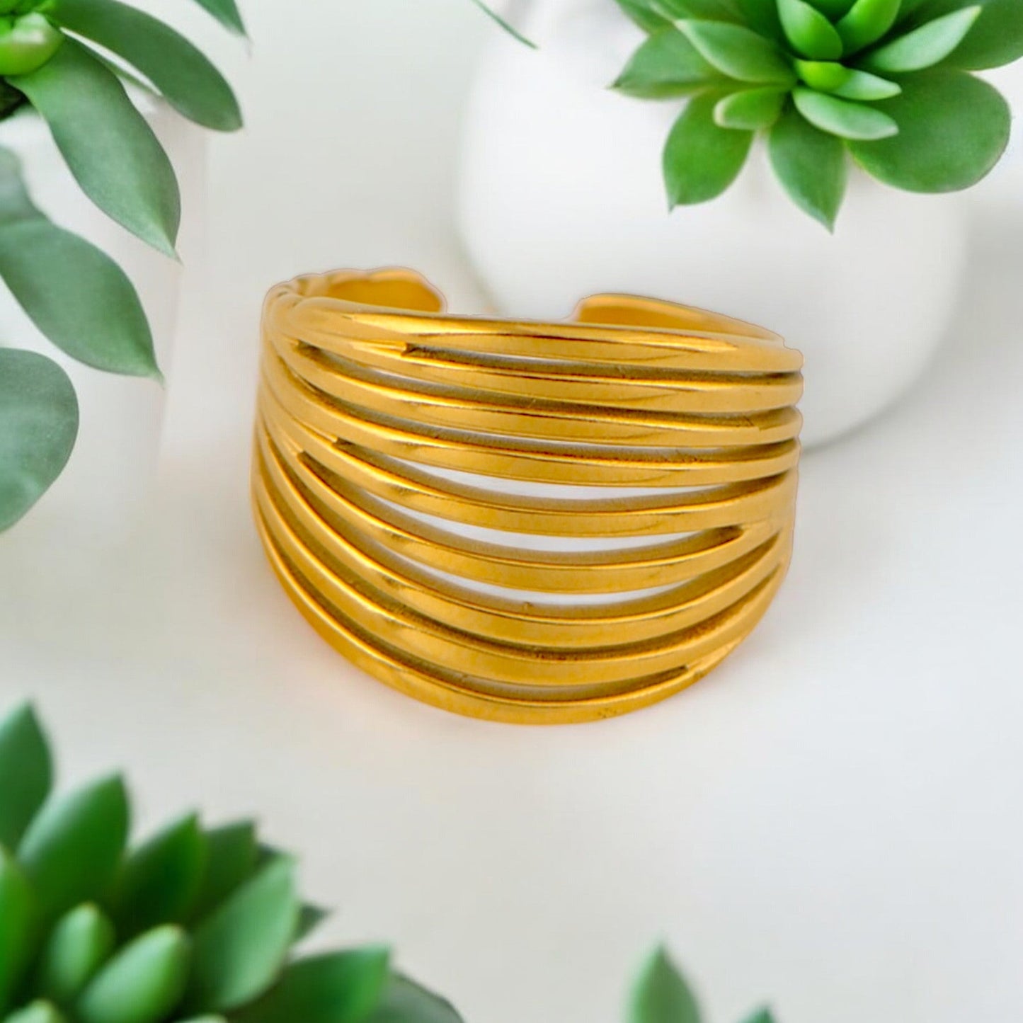 Palace Style Adjustable Chunky 18K Gold Open Ring Plated Hammered Dome Statement Jewelry