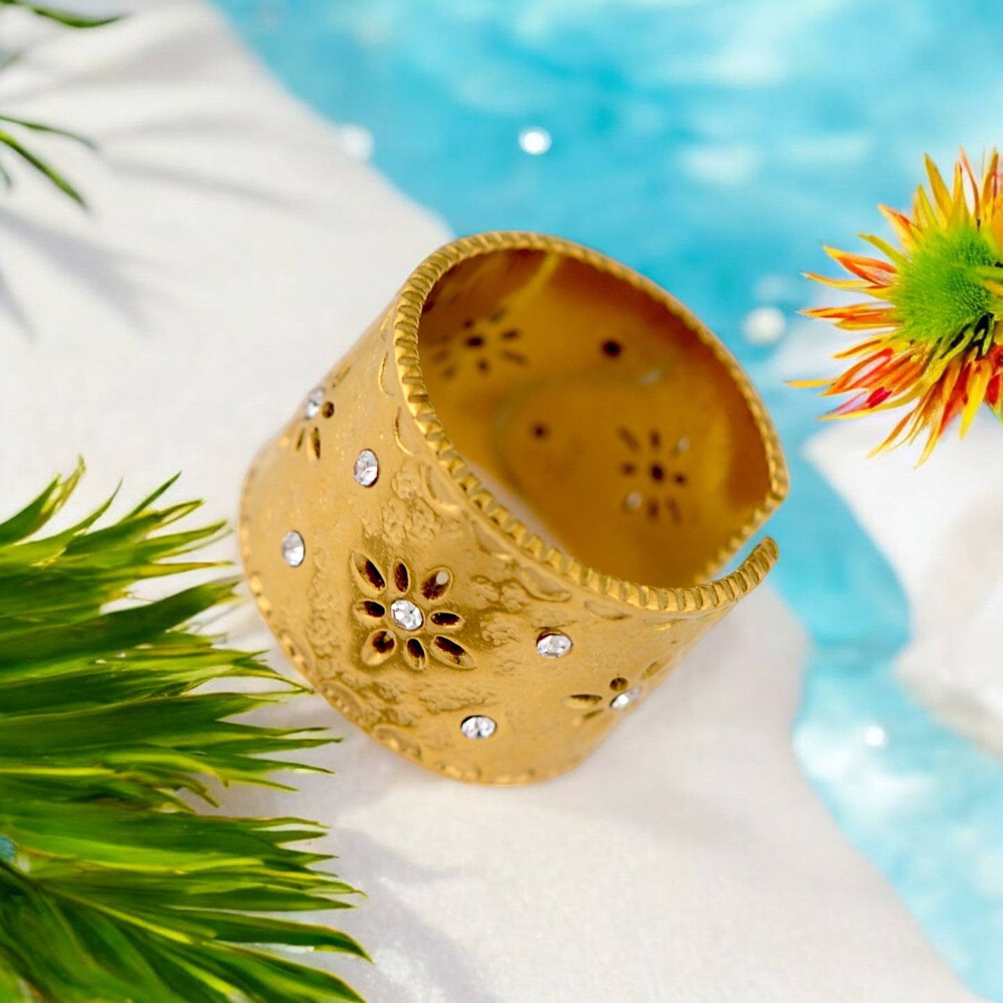 Palace Style Adjustable Chunky 18K Gold Open Ring Plated Hammered Dome Statement Jewelry