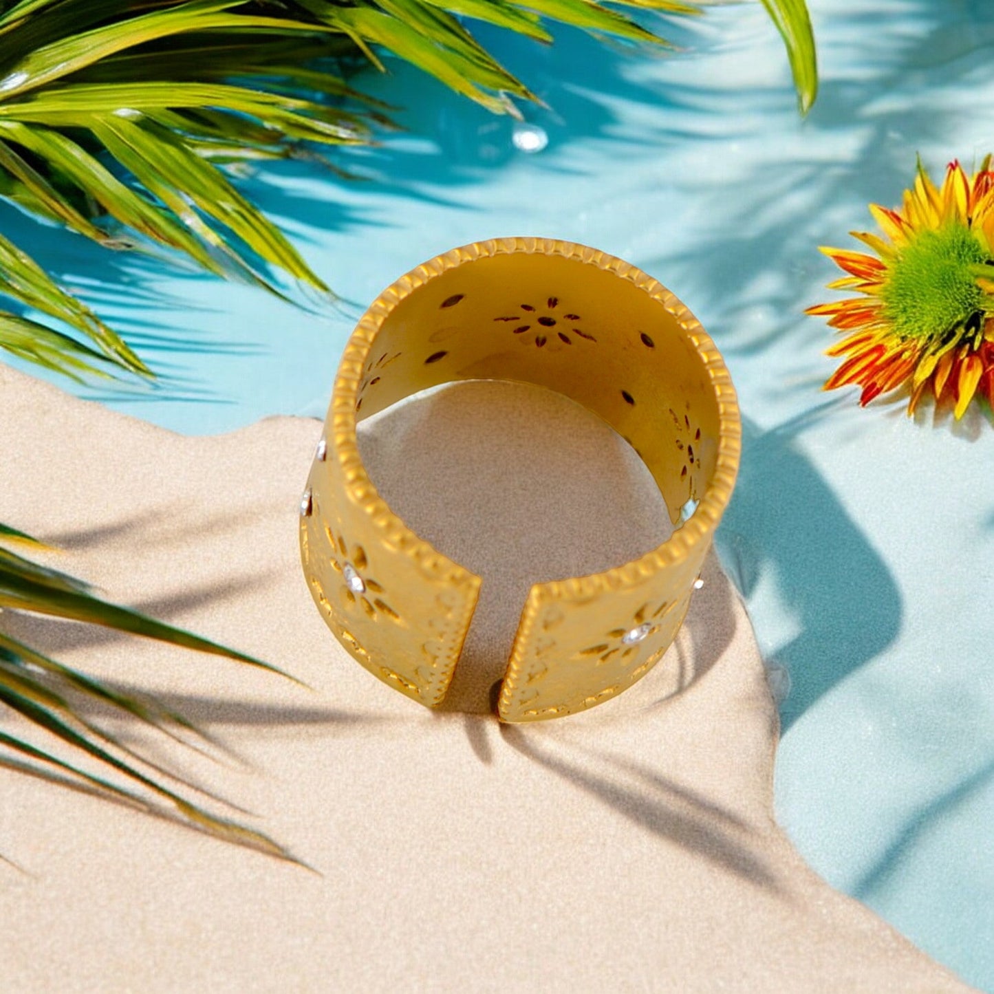 Palace Style Adjustable Chunky 18K Gold Open Ring Plated Hammered Dome Statement Jewelry