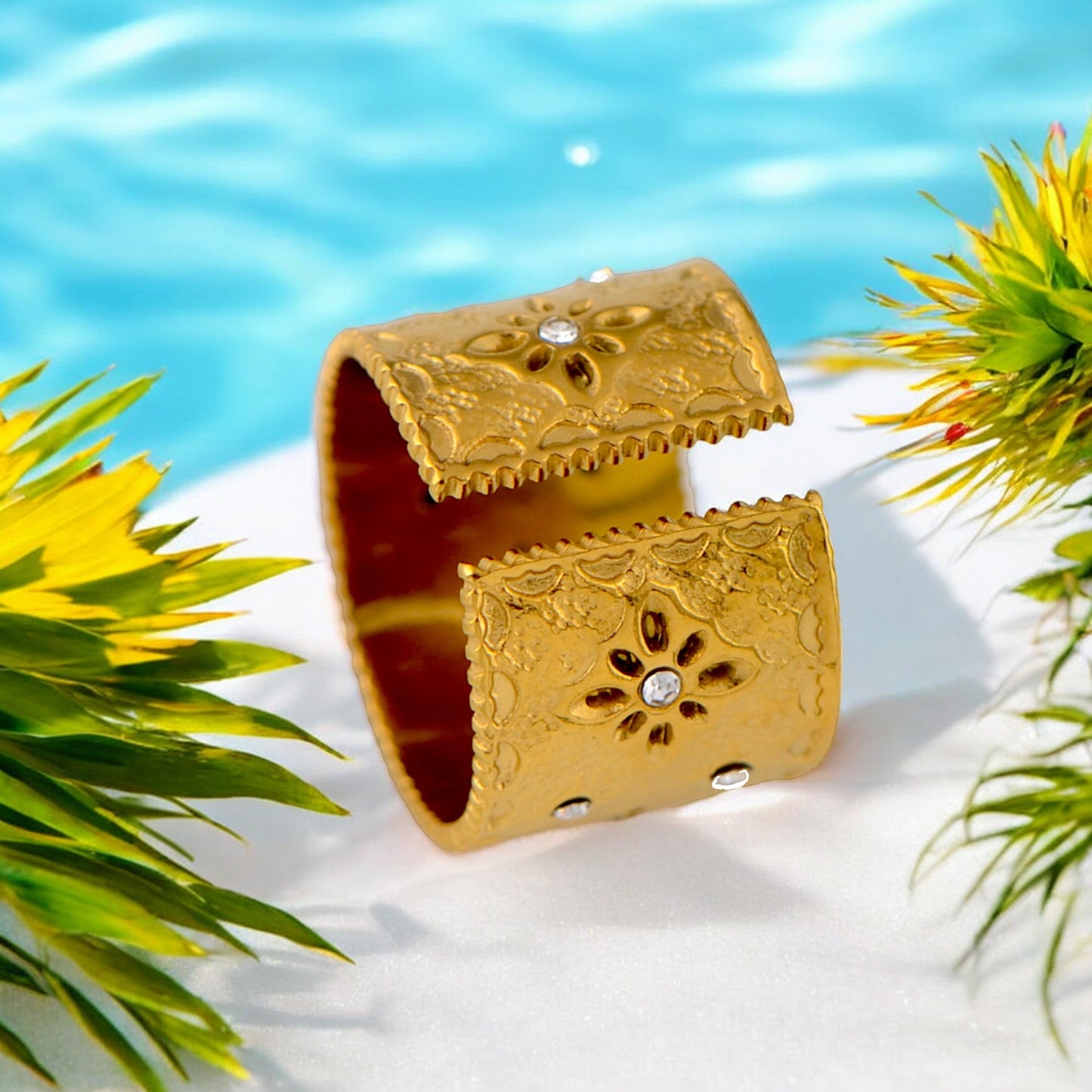 Palace Style Adjustable Chunky 18K Gold Open Ring Plated Hammered Dome Statement Jewelry