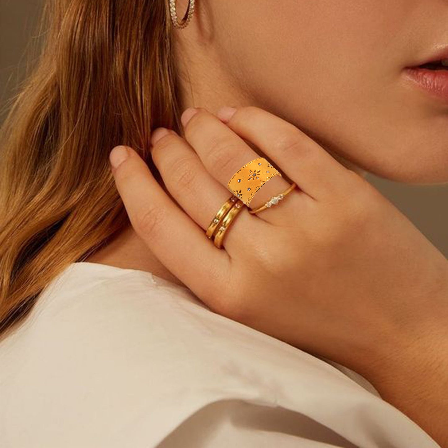 Palace Style Adjustable Chunky 18K Gold Open Ring Plated Hammered Dome Statement Jewelry