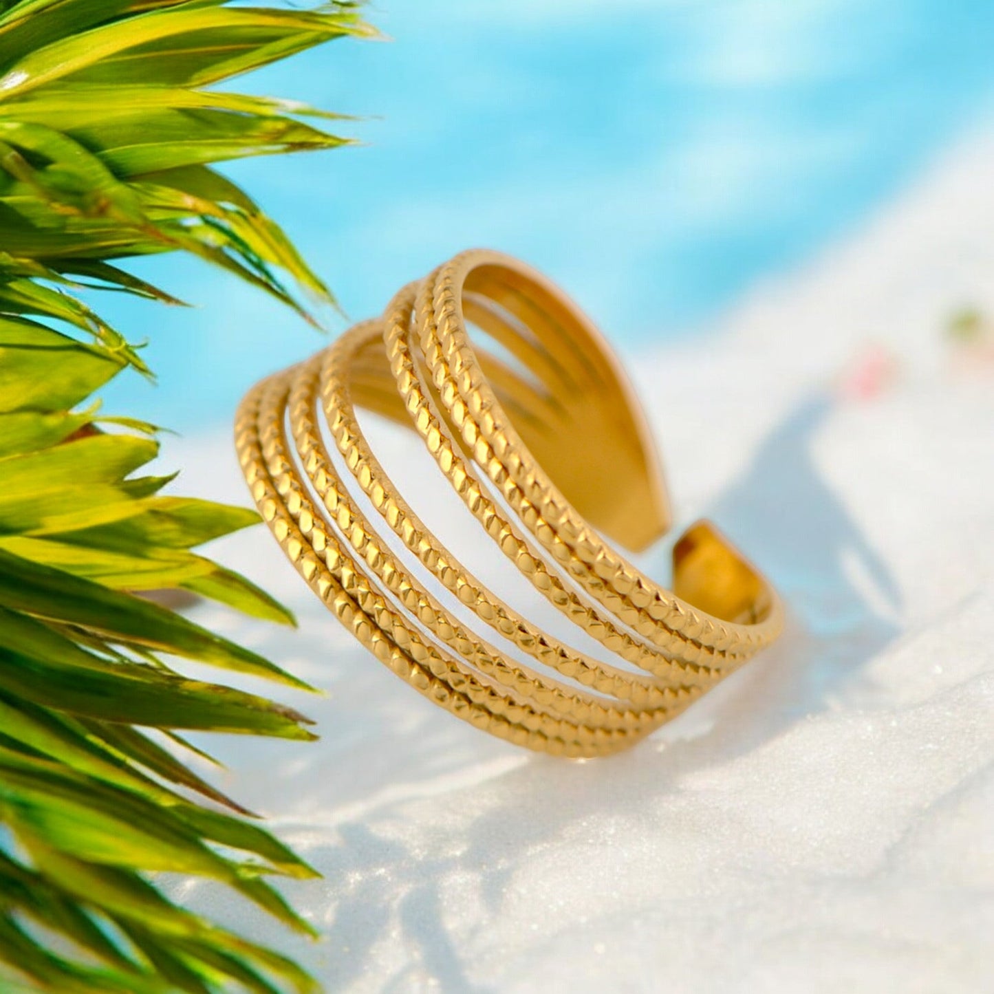 Palace Style Adjustable Chunky 18K Gold Open Ring Plated Hammered Dome Statement Jewelry