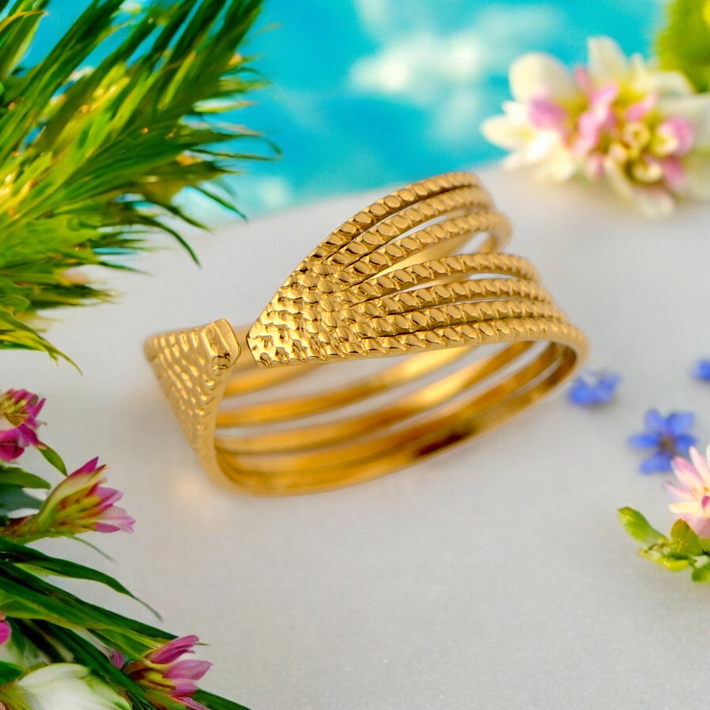 Palace Style Adjustable Chunky 18K Gold Open Ring Plated Hammered Dome Statement Jewelry