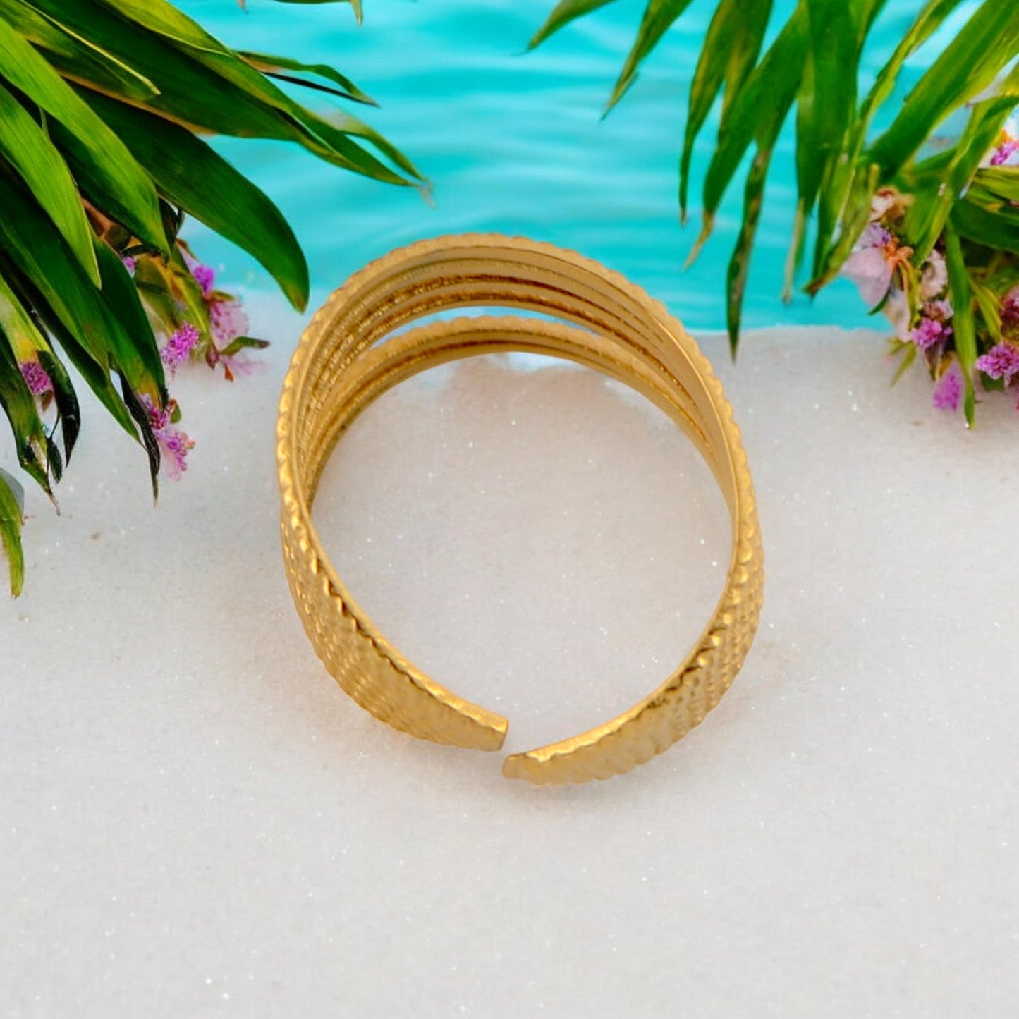 Palace Style Adjustable Chunky 18K Gold Open Ring Plated Hammered Dome Statement Jewelry