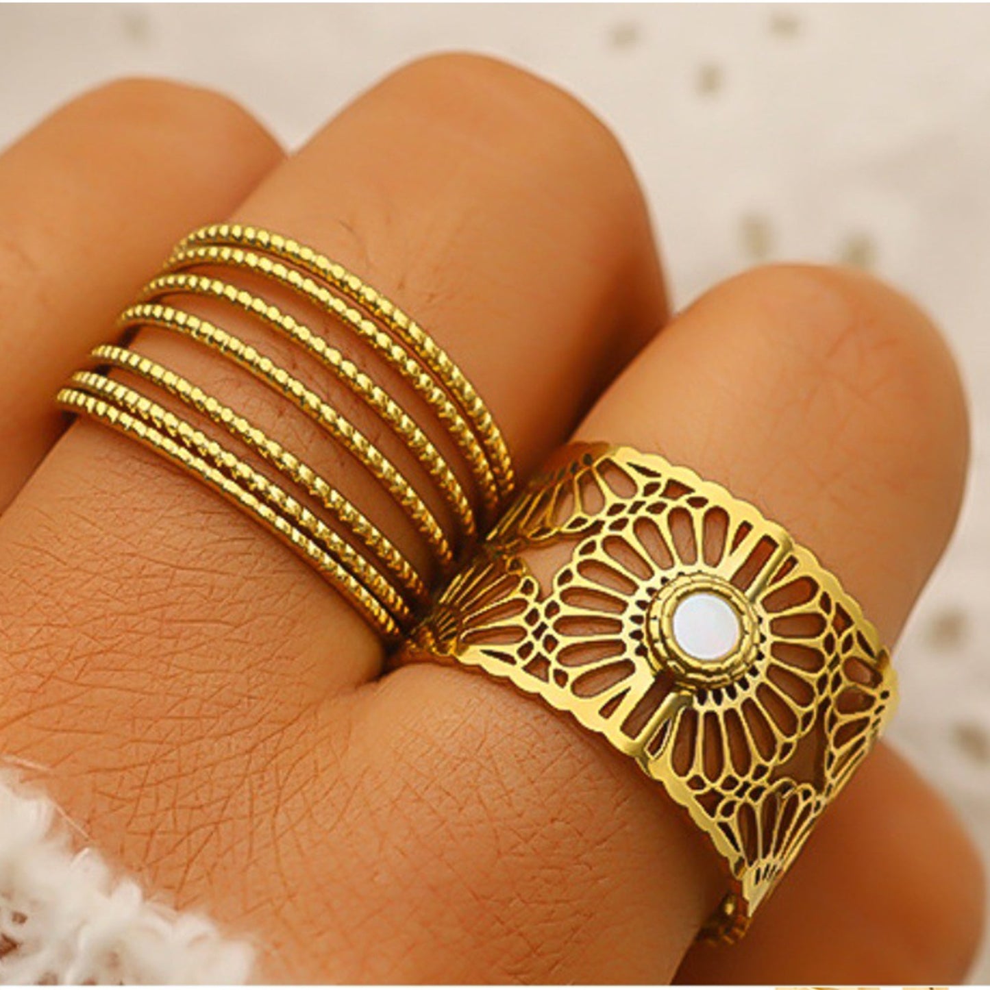 Palace Style Adjustable Chunky 18K Gold Open Ring Plated Hammered Dome Statement Jewelry