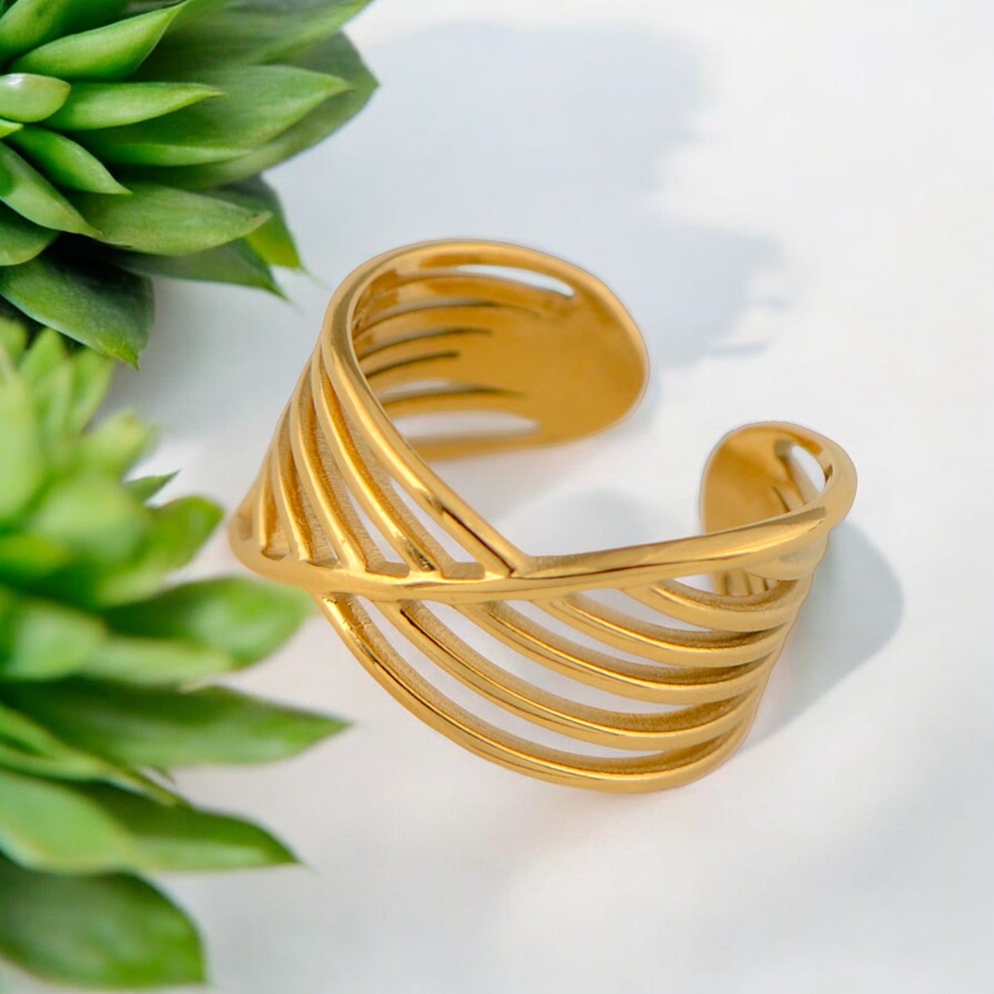 Palace Style Adjustable Chunky 18K Gold Open Ring Plated Hammered Dome Statement Jewelry