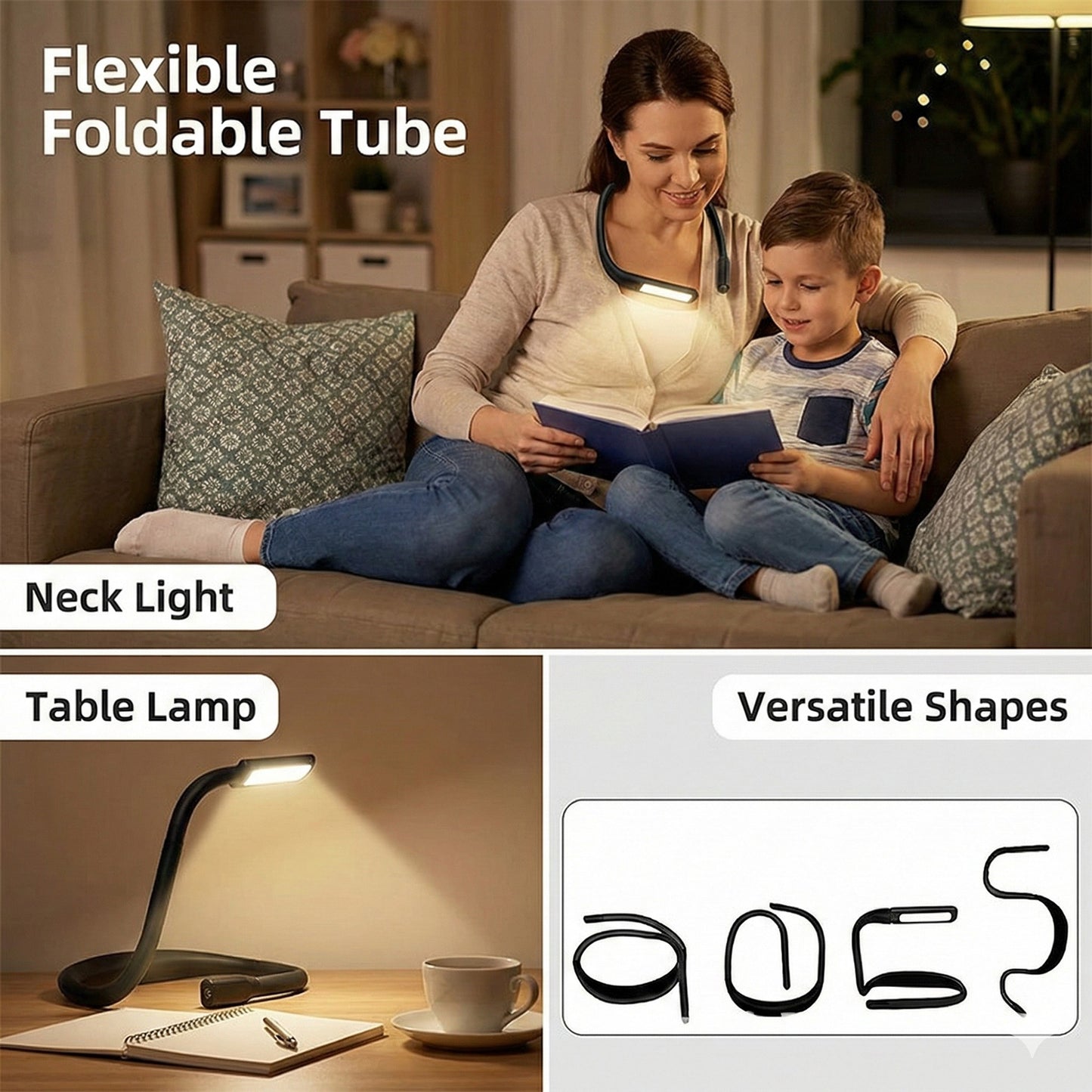 Flexible Neck Reading Light with Dual Adjustable Heads and Hands-Free Design