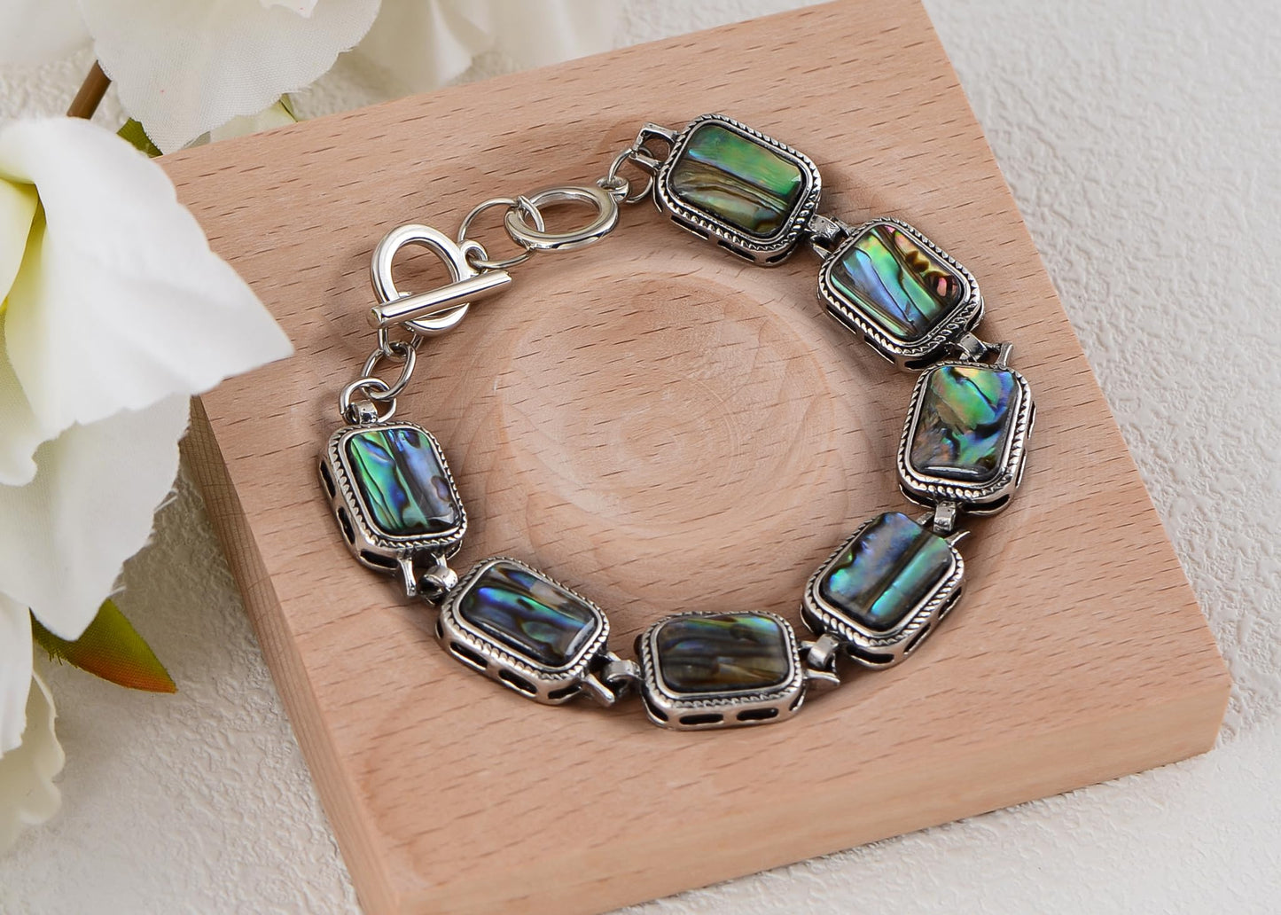 Alilang Natural Abalone Shell Bracelet Exquisite Retro Geometric Shape Silvery Tone Link Bracelet