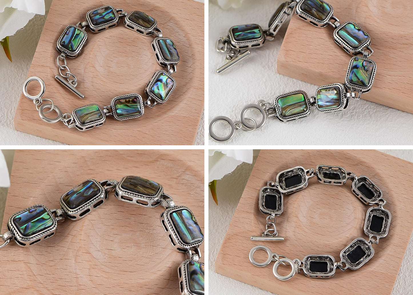 Alilang Natural Abalone Shell Bracelet Exquisite Retro Geometric Shape Silvery Tone Link Bracelet