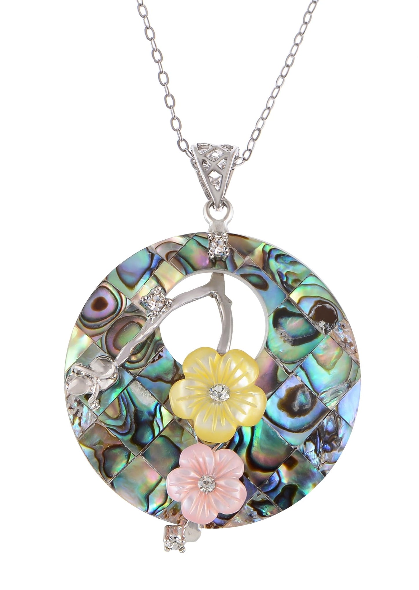 Alilang Natural Abalone Shell Silvery Tone Pendant Necklace with Relief Flower