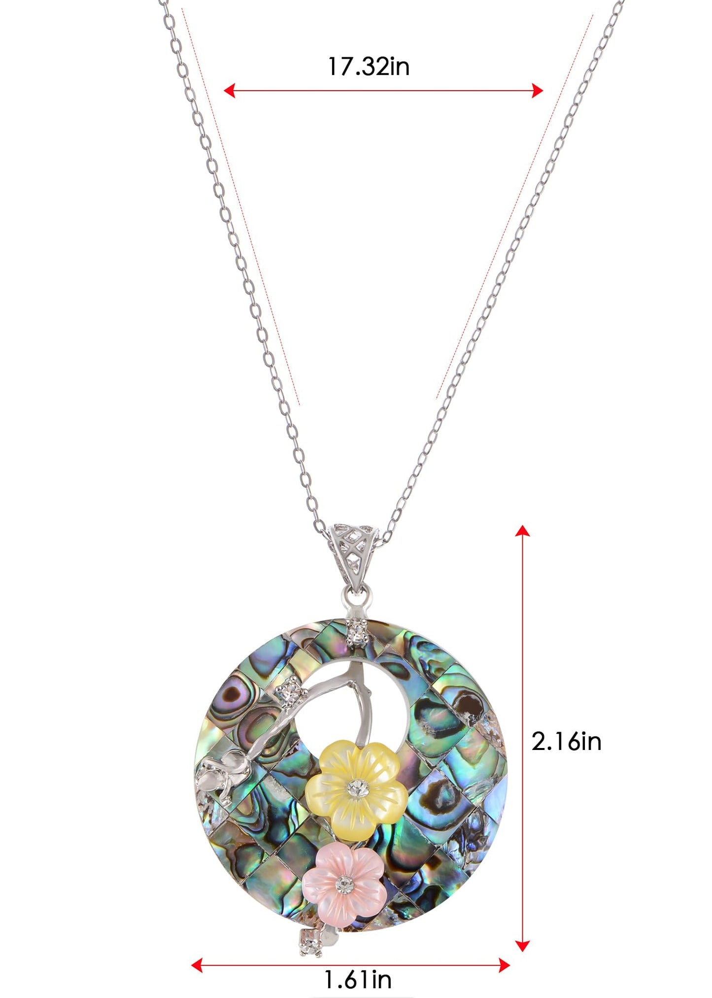 Alilang Natural Abalone Shell Silvery Tone Pendant Necklace with Relief Flower