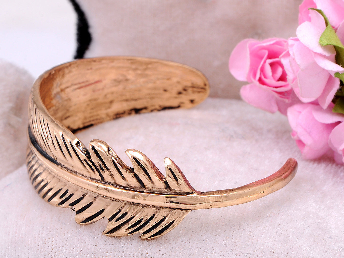 Boho Antique Bird Feather Open Cuff Bracelet