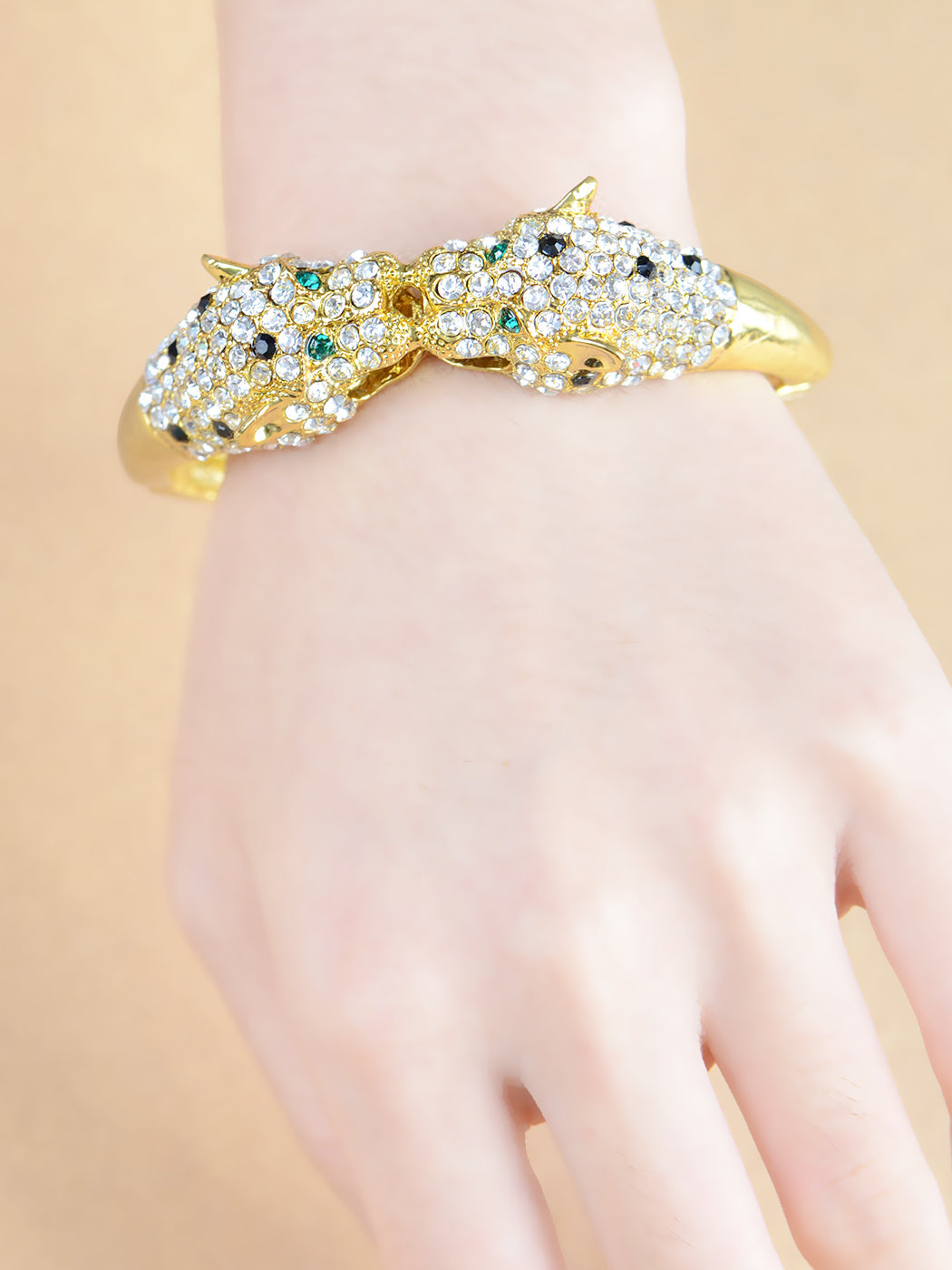 D Black Emerald Twin Lion Cuff Bracelet Bangle