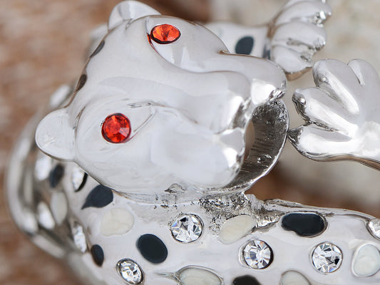 Silver Black White Enamel Ruby Eyes Twin Panther Leopard Cuff Bangle Bracelet