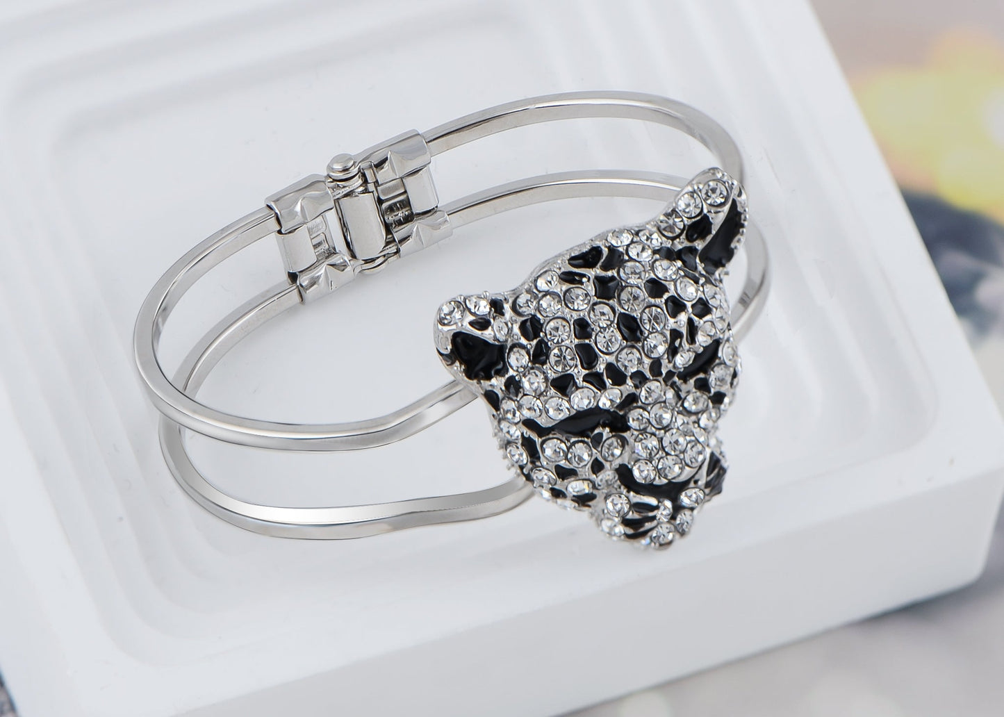 Gold Cheetah Leopard Face Head Cuff Bracelet