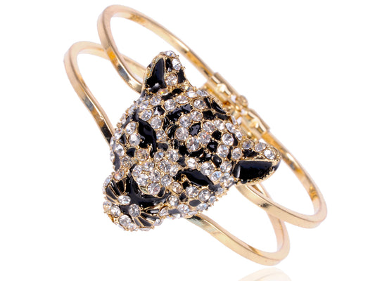 Gold Cheetah Leopard Face Head Cuff Bracelet