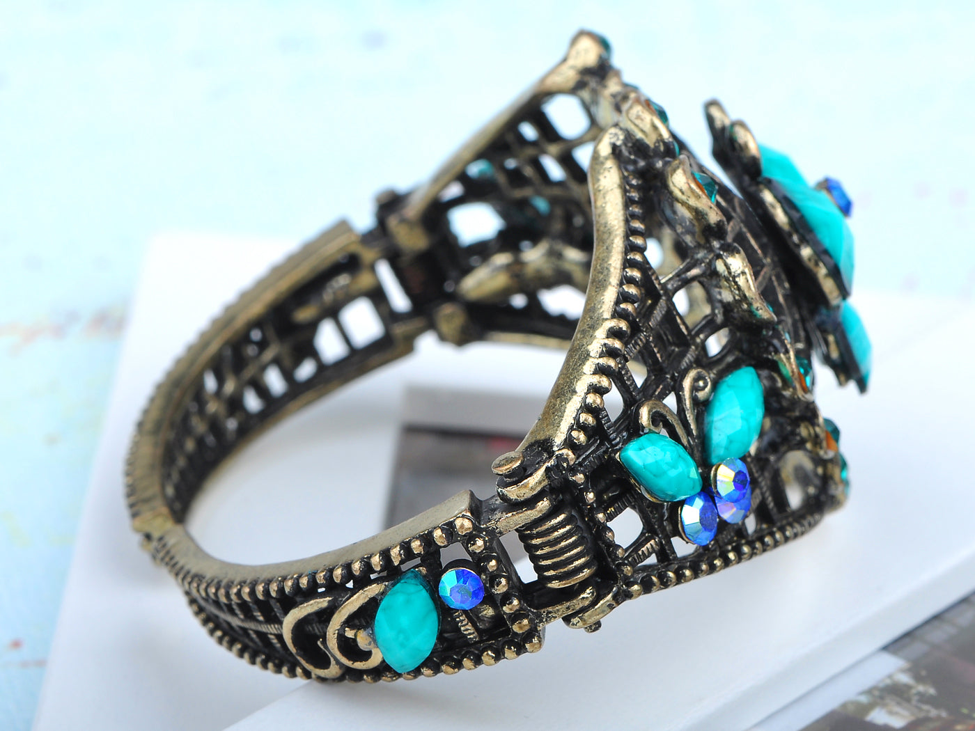 Antique Teal Zircon Heart Jeweled Butterfly Bangle Bracelet