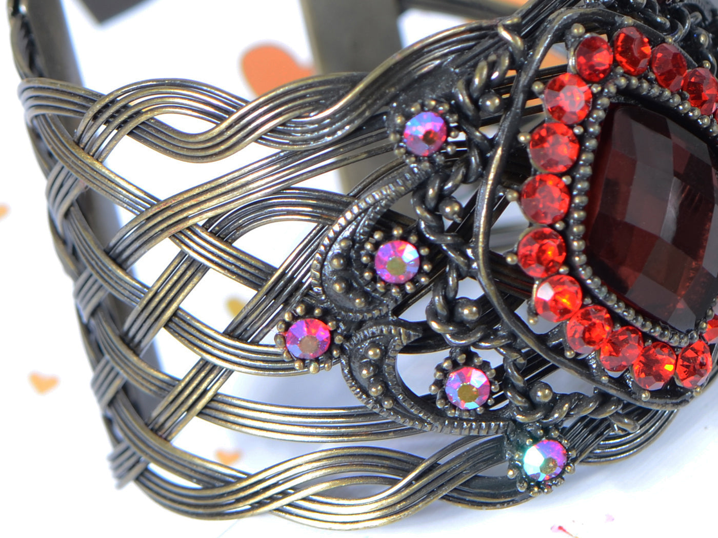 Brass Antique Ruby Red Big Diamond Shape Filigree Bangle Cuff Bracelet