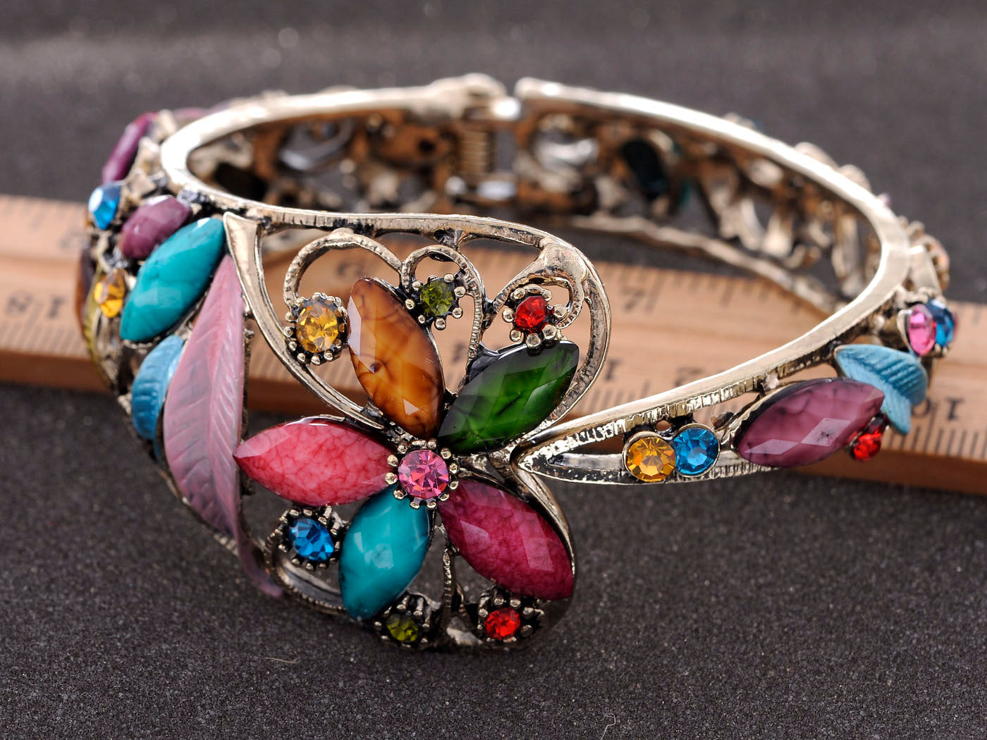 Vintage Multi Color Enamel And Flower Bangle Bracelet