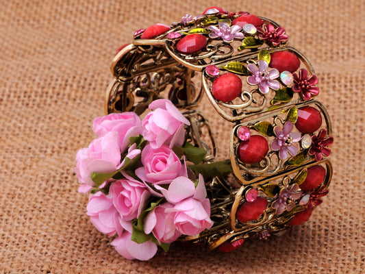 Antique Floral Pink Cherry Blossom Flower Berry Bracelet Bangle Cuff