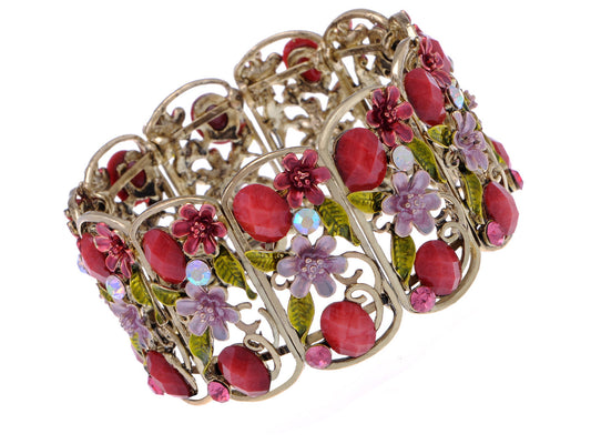 Antique Floral Pink Cherry Blossom Flower Berry Bracelet Bangle Cuff