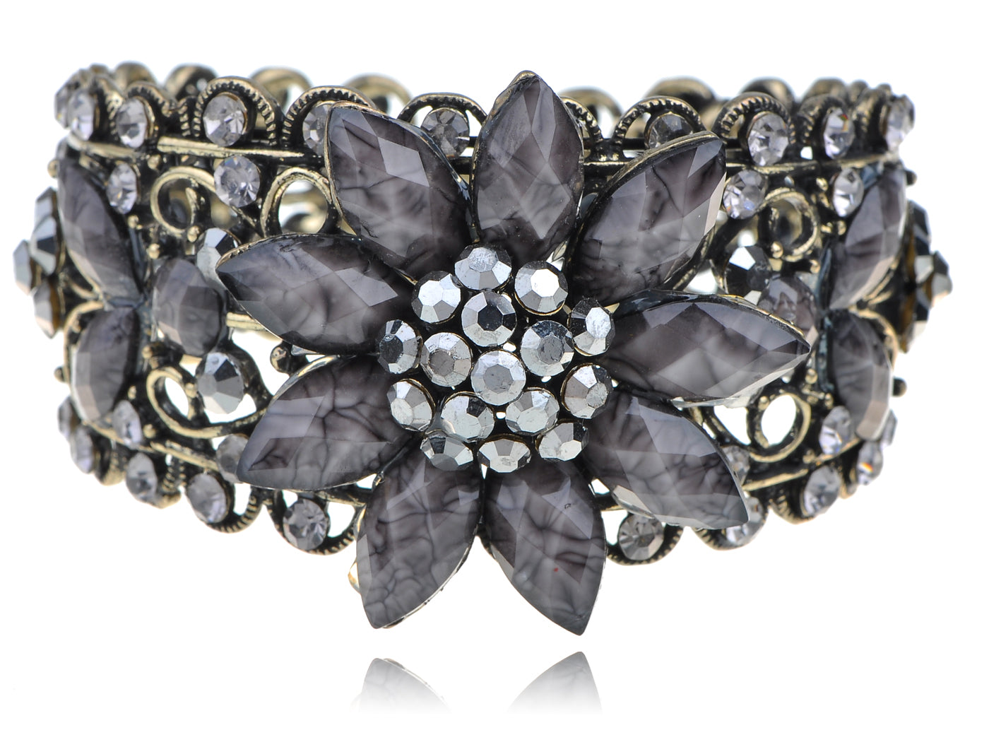 Smoke Black Gray Floral Vintage Inspire Cuff Bracelet Bangle