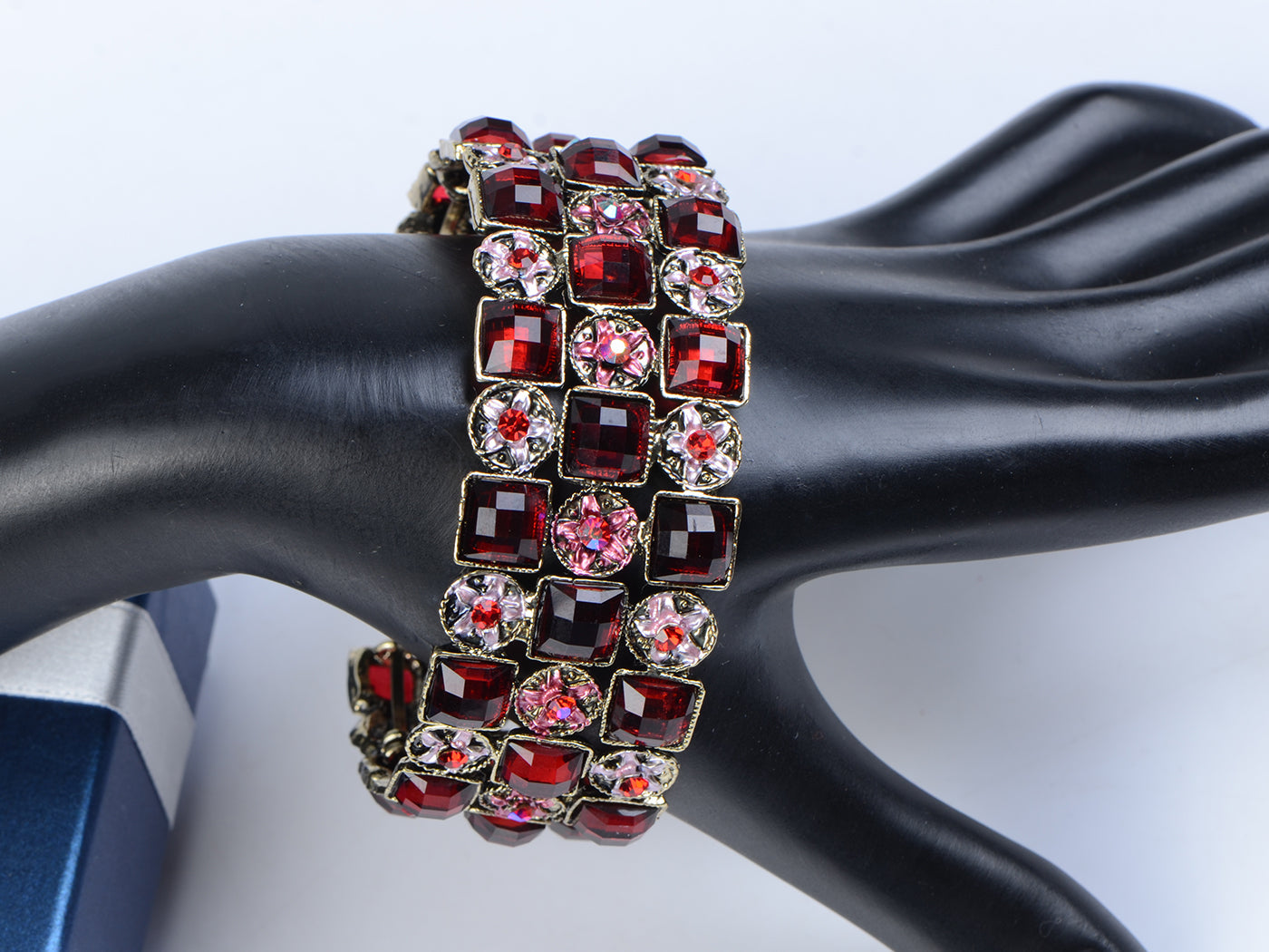 Brass Antique Ruby Red Big Diamond Shape Filigree Bangle Cuff Bracelet