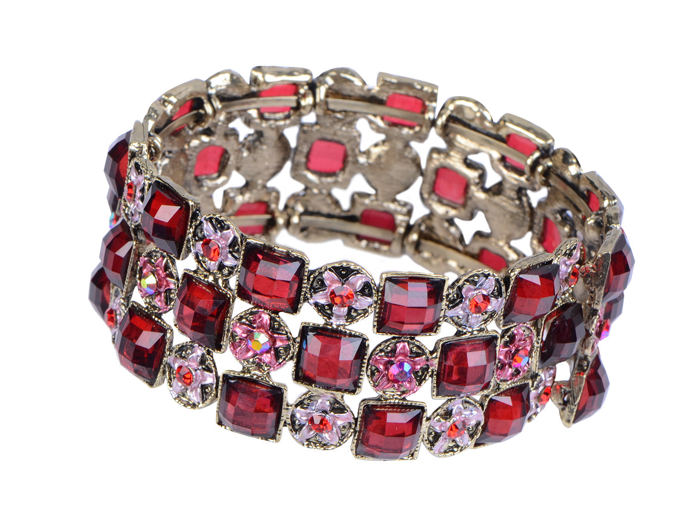 Brass Antique Ruby Red Big Diamond Shape Filigree Bangle Cuff Bracelet