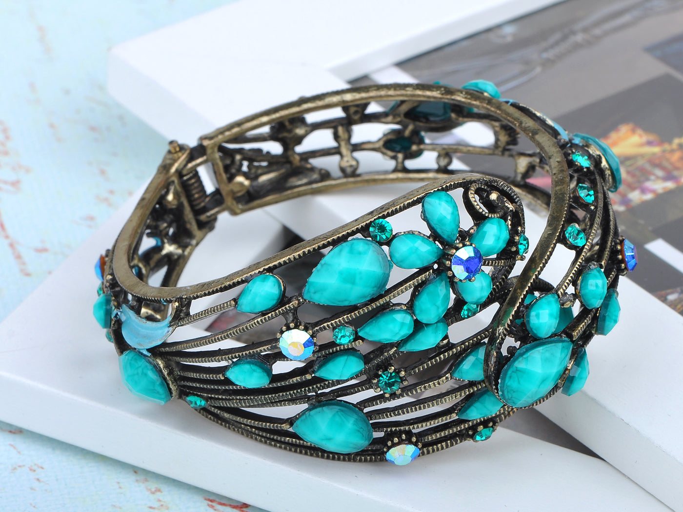 Turquoise Jeweled Blue Flower Cuff Bangle Bracelet