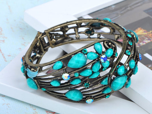Turquoise Jeweled Blue Flower Cuff Bangle Bracelet