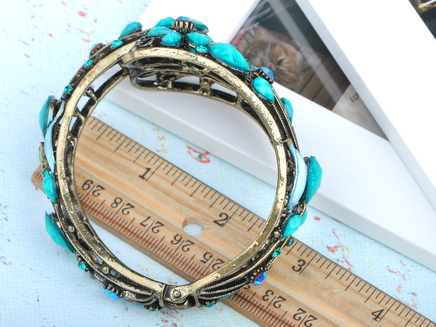 Turquoise Jeweled Blue Flower Cuff Bangle Bracelet