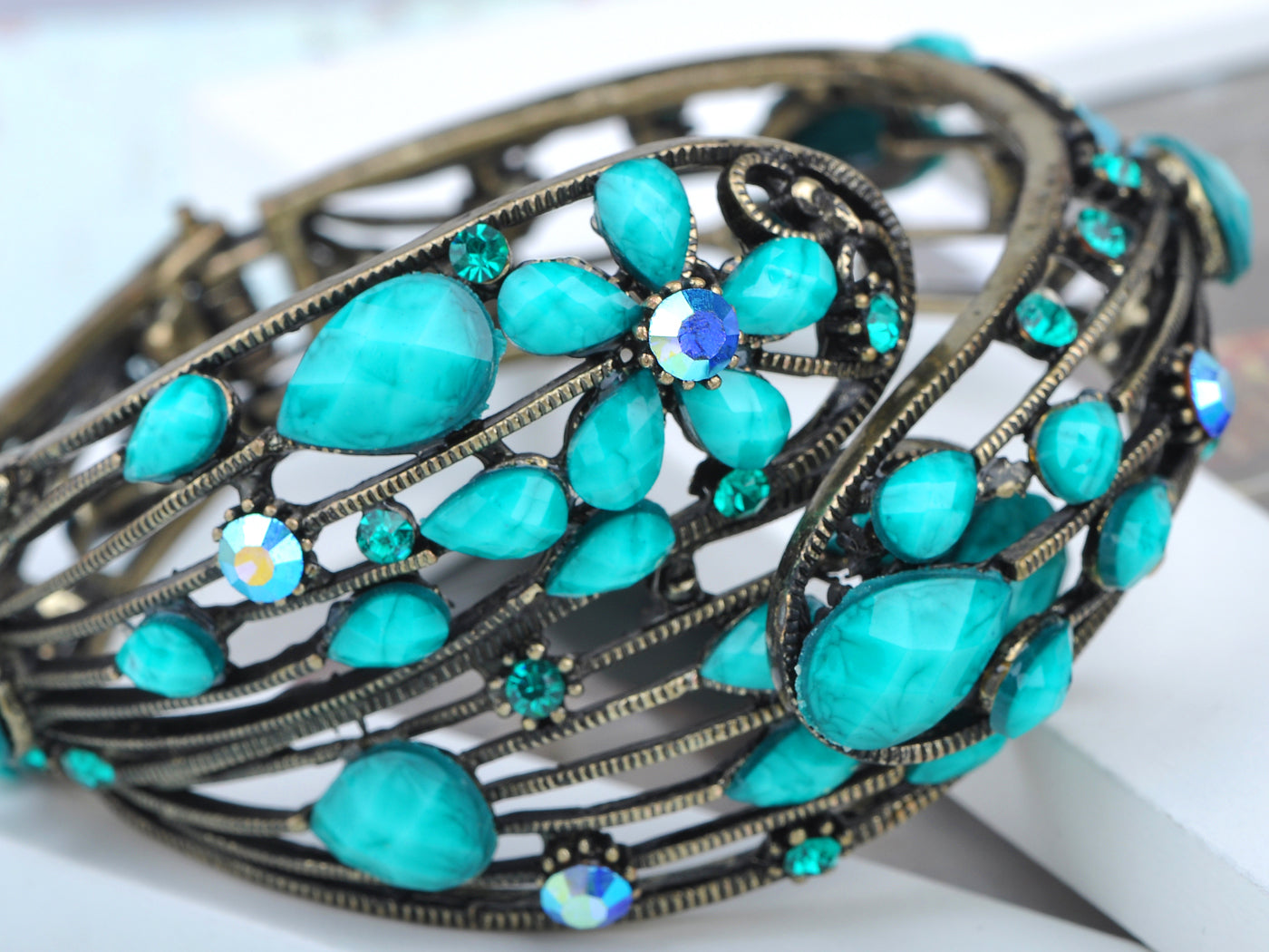 Turquoise Jeweled Blue Flower Cuff Bangle Bracelet
