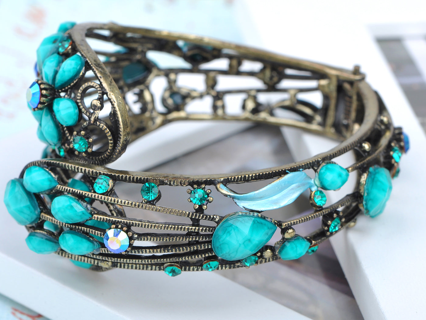 Turquoise Jeweled Blue Flower Cuff Bangle Bracelet
