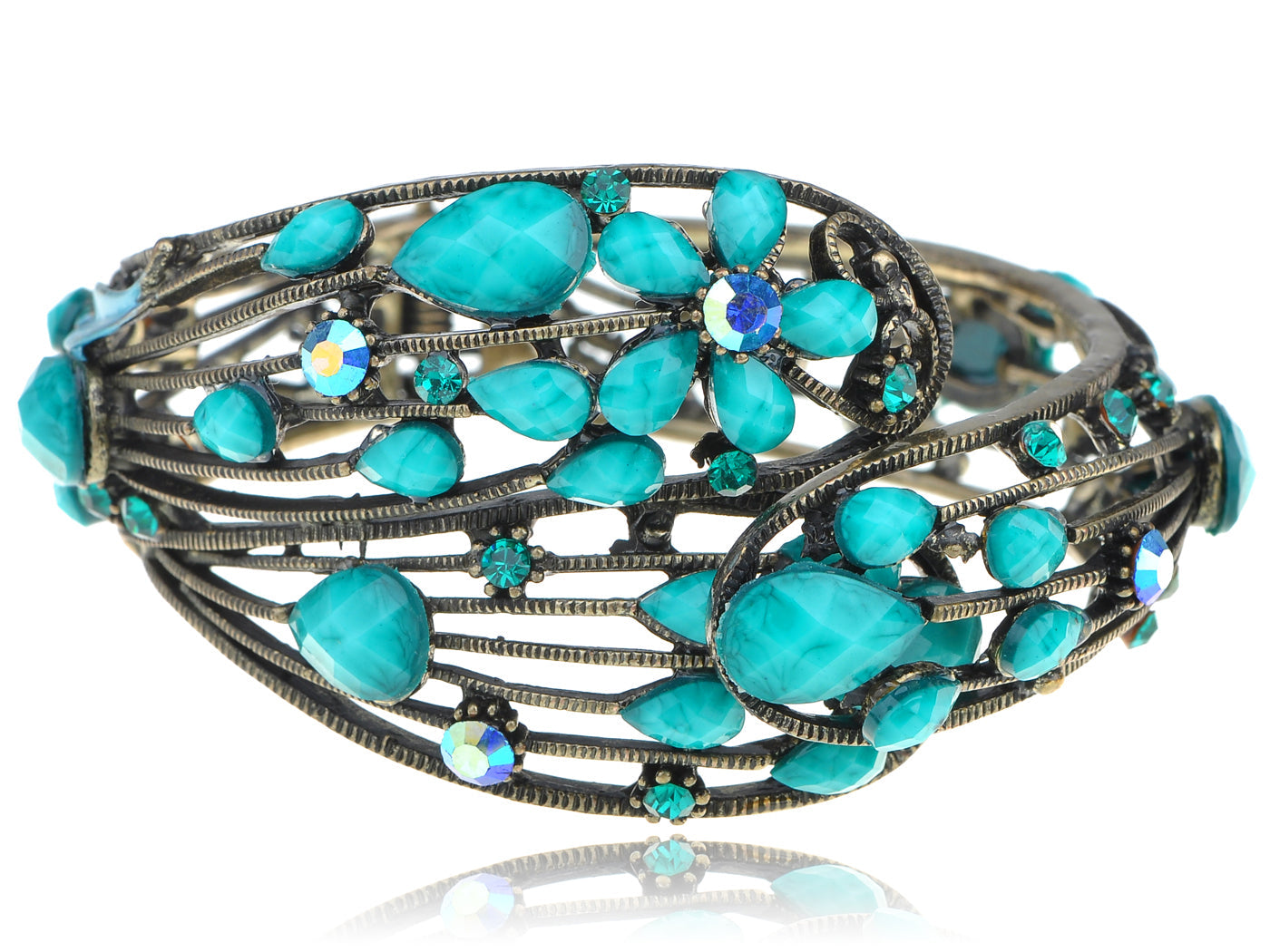 Turquoise Jeweled Blue Flower Cuff Bangle Bracelet