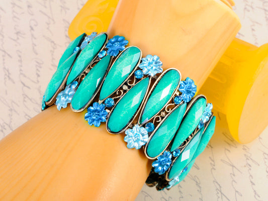 Sapphire Painted Flower Teal Teardrop Cuff Bangle Bracelet