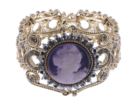 Vintage Purple Victorian Cameo Lady Queen Princess Cuff Bangle Bracelet