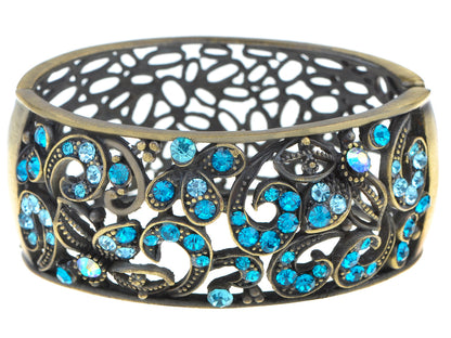 Sapphire Painted Flower Teal Teardrop Cuff Bangle Bracelet