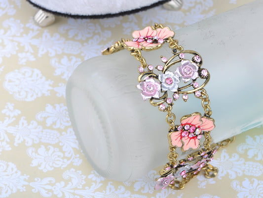 Vintage Gold Pink Rose Lavender Enamel Chain Bracelet