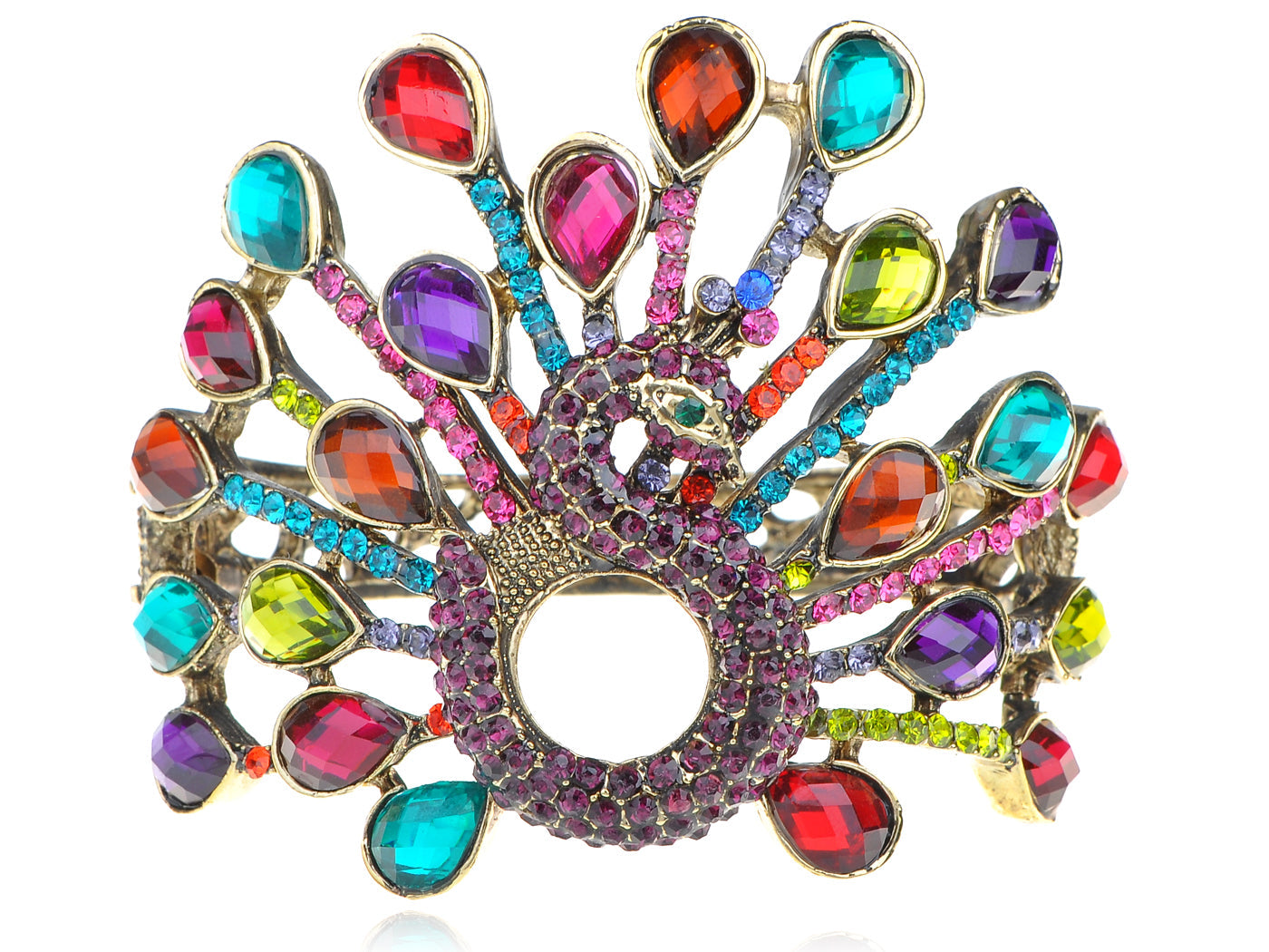 Colorful Multicolored Ab Teardrop Pave Peacock Bird Bracelet Cuff