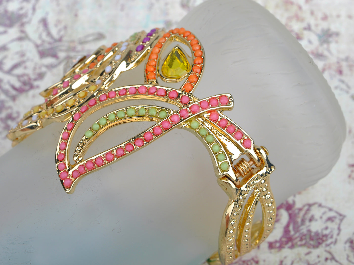 Exquisite Spring Easter Multi Colorful Pastel Beads Flower Leaf Big Bangle Bracelet