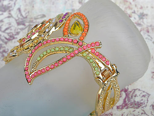 Exquisite Spring Easter Multi Colorful Pastel Beads Flower Leaf Big Bangle Bracelet