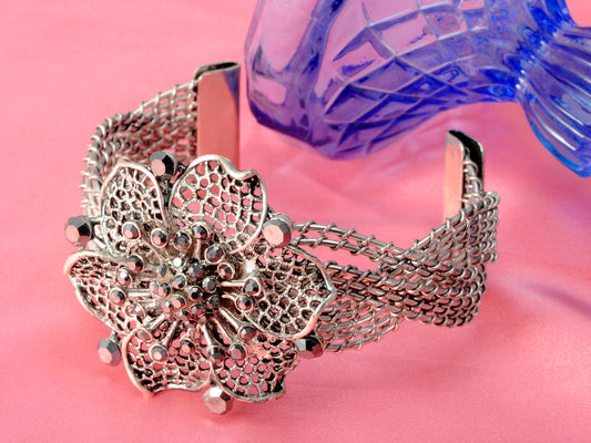 Silver Weave Braid Flower Bangle Cuff Bracelet